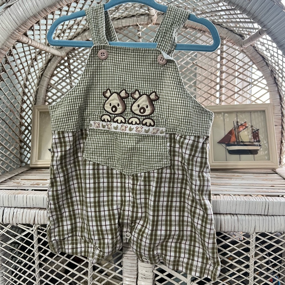 Vintage y2k baby Cherokee green plaid & gingham puppy overalls